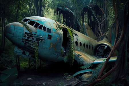 plane wreck surrounded by dense jungle with vines and leaves hanging from trees, created with generative aiの素材