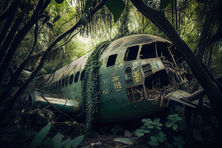 plane wreck in dense jungle, with vines and vegetation growing over wreckage, created with generative aiの素材