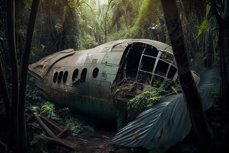 plane wreck in dense jungle, the tail and propeller visible among the trees, created with generative aiの素材