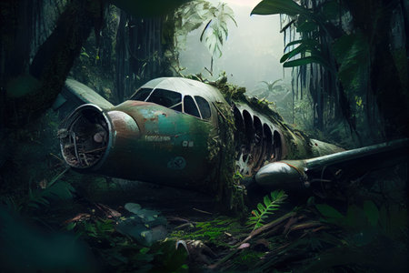 plane wreck surrounded by dense jungle foliage and wildlife, created with generative aiの素材