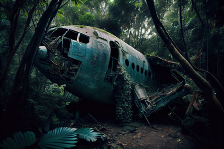plane wreck surrounded by towering trees and dense vegetation in jungle, created with generative aiの素材