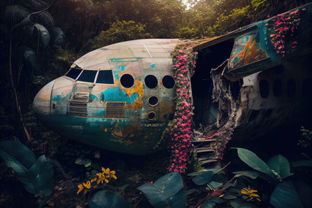 plane wreck covered in lush greenery with bright flowers amidst the jungle, created with generative aiの素材