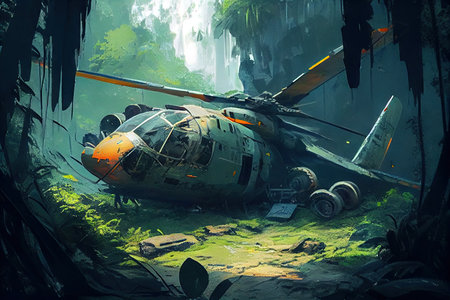 plane wreck in jungle, with rescue helicopter hovering overhead, created with generative aiの素材