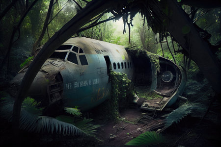 plane wreck in the middle of a dense jungle, with trees and vines growing all around, created with generative aiの素材