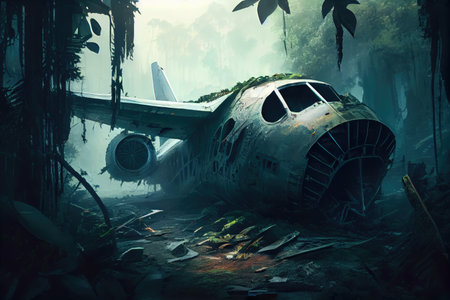 plane wreck shrouded in mist, surrounded by jungle, created with generative aiの素材