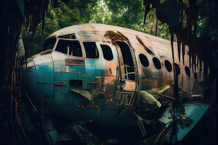 plane wreck surrounded by dense jungle, with vines and trees growing out of windows, created with generative aiの素材