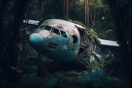 plane wreck in dense jungle, surrounded by vines and greenery, created with generative aiの素材