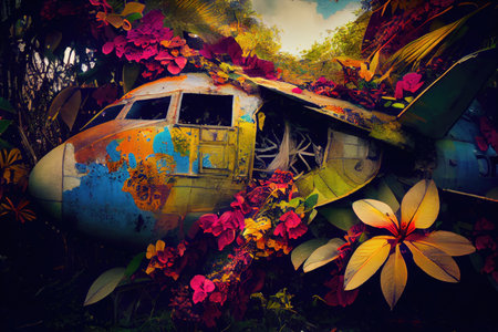 plane wreck surrounded by colorful jungle plants, including orchids and bromeliads, created with generative aiの素材