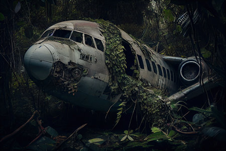 plane wreck in dense jungle, with vines and creepers growing over the broken plane, created with generative aiの素材