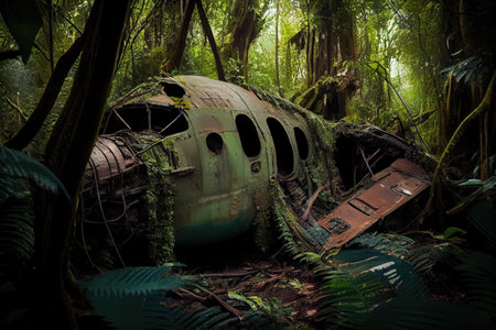 plane wreck surrounded by lush jungle with tree vines and ferns growing on the wreckage, created with generative aiの素材