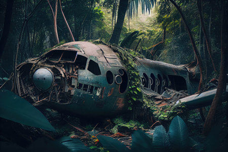 plane wreck surrounded by lush jungle with tree vines and ferns growing on the wreckage, created with generative aiの素材