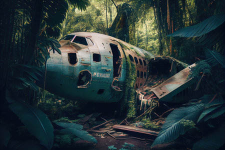 plane wreck surrounded by lush vegetation and towering trees in tropical jungle, created with generative aiの素材