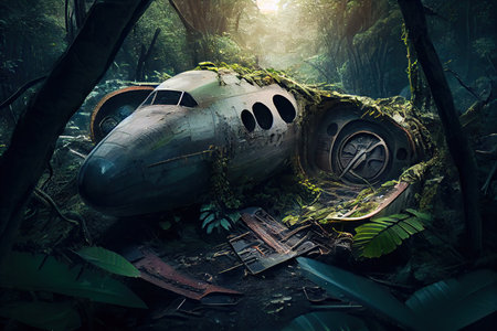 plane wreck in jungle surrounded by dense growth of plants and trees, created with generative aiの素材