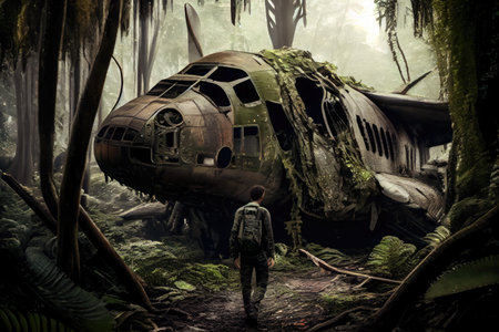jungle explorer, discovering the remains of a plane wreck in remote jungle, created with generative aiの素材