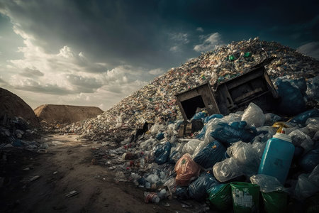 garbage dump overflowing with plastic bottles and other waste, created with generative aiの素材