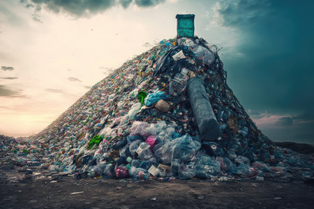 garbage dump overflowing with plastic bottles and other waste, created with generative aiの素材