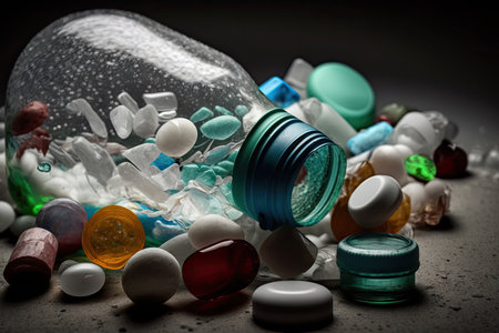 close-up of plastic bottle garbage, with different types of trash and debris visible, created with generative aiの素材