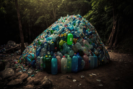 plastic bottle garbage heap overflowing with plastic bottles, created with generative aiの素材
