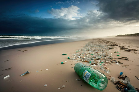 staggering amount of plastic bottle garbage washed up on beach, created with generative aiの素材