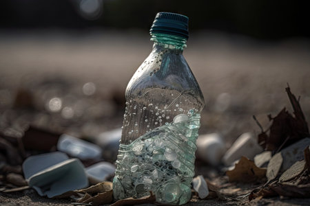 close-up of plastic bottle with garbage inside, created with generative aiの素材