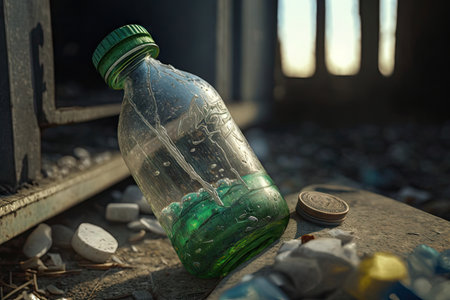 close-up of plastic bottle with garbage inside, created with generative aiの素材