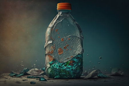 close-up of plastic bottle with garbage inside, created with generative aiの素材