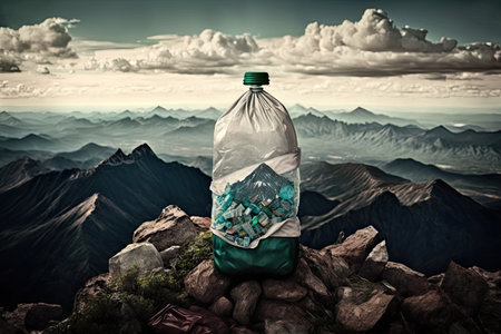 mountaintop, with view of the world below, and a plastic bottle trashbag in the foreground, created with generative aiの素材