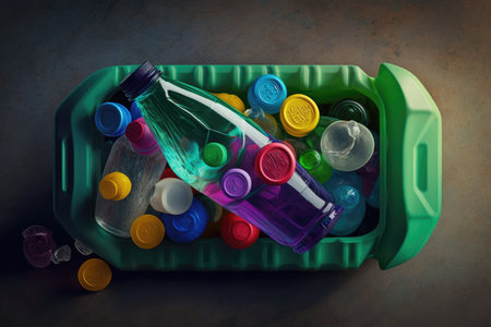 plastci bottle in a recycling bin, surrounded by other plastic bottles, created with generative aiの素材