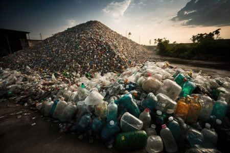 garbage dump overflowing with plastic bottles, created with generative aiの素材