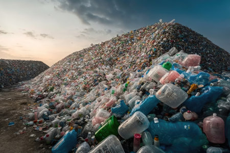 garbage dump overflowing with plastic bottles, created with generative aiの素材