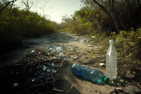 area of natural beauty, with plastic bottle garbage strewn on the ground, created with generative aiの素材