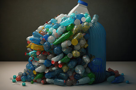 plastic bottle garbage bin overflowing with plastic bottles, created with generative aiの素材