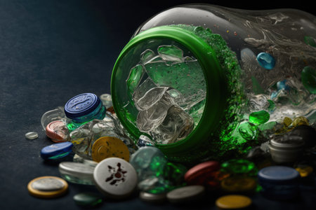 close-up of plastic bottle garbage, with glass and metal recyclables among the trash, created with generative aiの素材