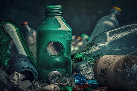 close-up of plastic bottle garbage, with glass and metal recyclables among the trash, created with generative aiの素材
