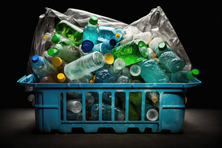 plastic bottle garbage bin overflowing with plastic bottles, created with generative aiの素材