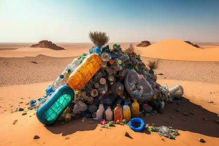 a pile of plastic bottles and other garbage in the middle of a desert, created with generative aiの素材