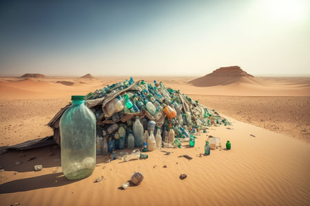 a pile of plastic bottles and other garbage in the middle of a desert, created with generative aiの素材