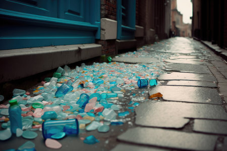 scene of plastic bottle garbage overflowing, with trash spilling onto the sidewalk, created with generative aiの素材