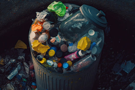 close-up of plastic bottle garbage bin filled with refuse, created with generative aiの素材