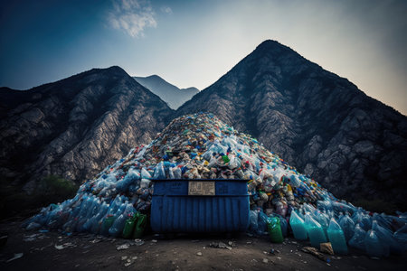 plastict bottle garbage dump with mountains of plastic refuse, created with generative aiの素材