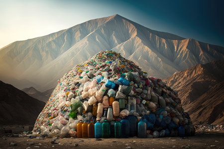 plastict bottle garbage dump with mountains of plastic refuse, created with generative aiの素材