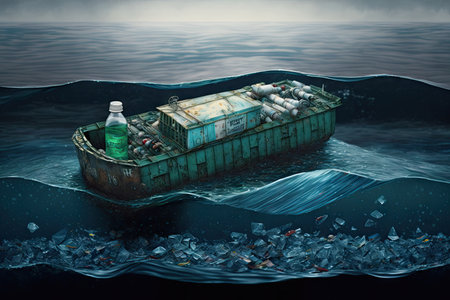 garbage barge, with view of ocean, and plastic bottles floating on the water, created with generative aiの素材