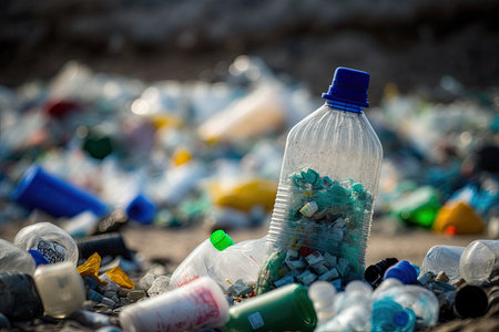 plastic bottle garbage in landfill, surrounded by other trash, created with generative aiの素材