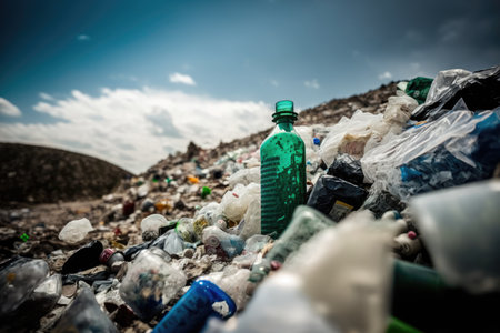 plastic bottle garbage in landfill, surrounded by other trash, created with generative aiの素材
