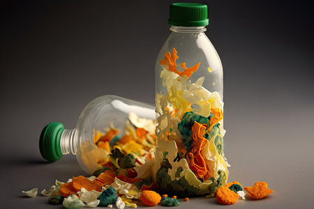 close-up of plastic bottle with food residue from previous use, created with generative aiの素材