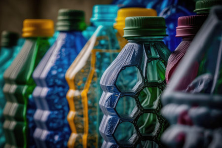 row of plastic bottles being recycled into new products, created with generative aiの素材