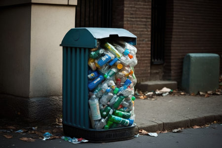 plastic bottle garbage bin overflowing with plastic bottles, created with generative aiの素材