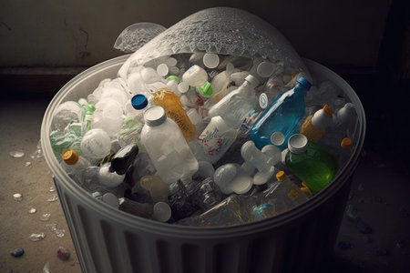 plastic bottle garbage bin overflowing with plastic bottles, signifying the need for sustainable alternatives, created with generative aiの素材
