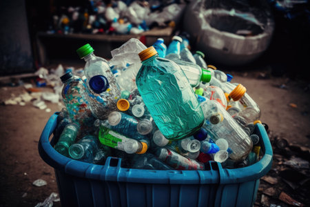plastic bottle garbage bin overflowing with plastic bottles, signifying the need for sustainable alternatives, created with generative aiの素材