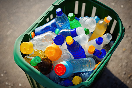 cluster of plastic bottles with in recycling bin, waiting to be reused, created with generative aiの素材